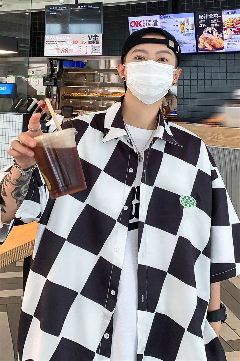 C6071/P35夏季新款格子冰丝短袖衬衫男女潮休闲衬衣宽松大码上衣,男装衬衫,电商A141