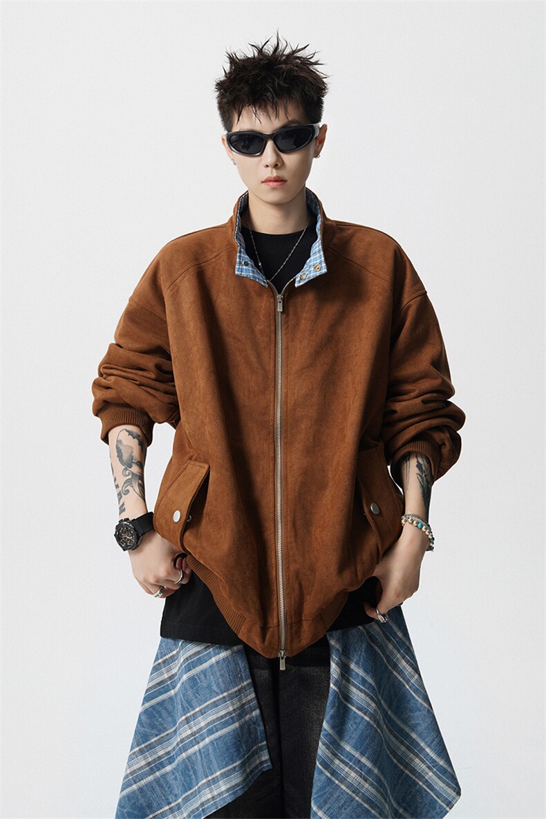 可二开格子拼接麂皮绒M-5XL大码两穿宽松夹克男JK78114P75控128,男装夹克,星座226-1