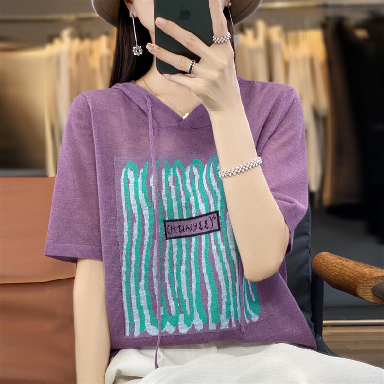 拼色连帽短袖微透竹节针织衫2024夏季新款短款女上衣宽松薄款t恤,针织衫/毛衣,大美人包芯纱店