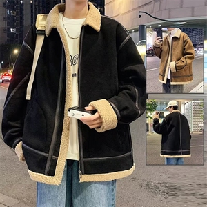 新款麂皮绒美式翻领夹克外套男士秋冬季加厚潮牌颗粒绒棉衣男图片