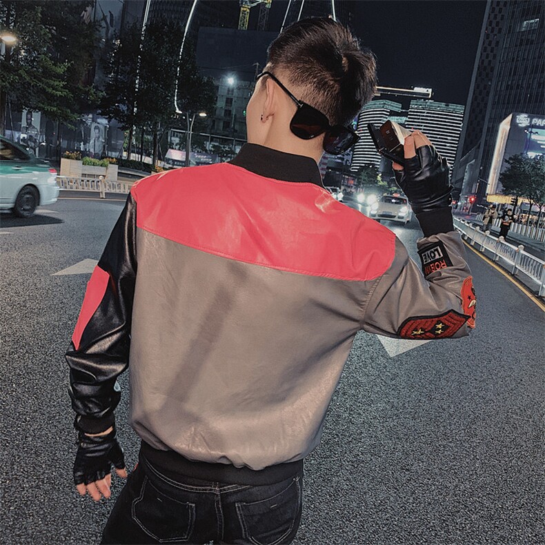 痞帅韩版社会小伙机车夹克潮流彩条拼接水洗皮衣D1116-P125控155,男装皮衣,星座308A