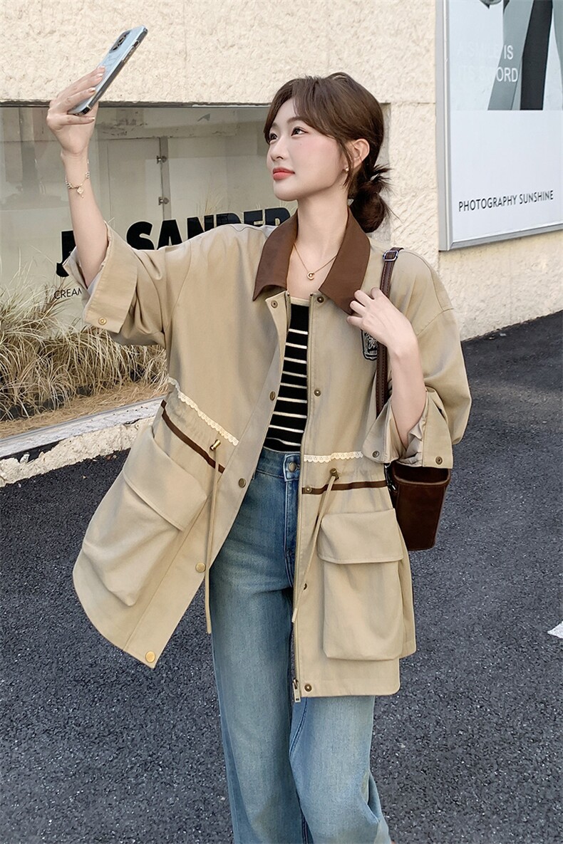 新款【现货】卡其色韩系撞色外套192-629P170K248,女装风衣,浙宝192（原082）