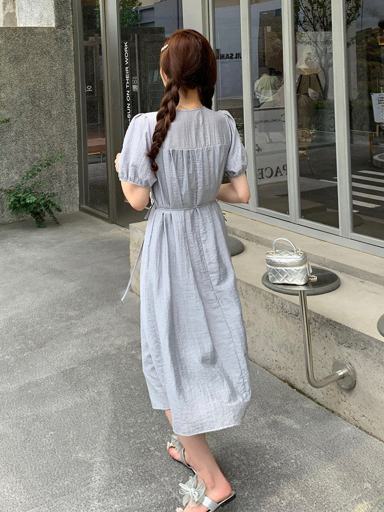 新款蓝灰色法式V领显瘦连衣裙【现货】5087-P125K178,女装连衣裙,浙宝192（原082）
