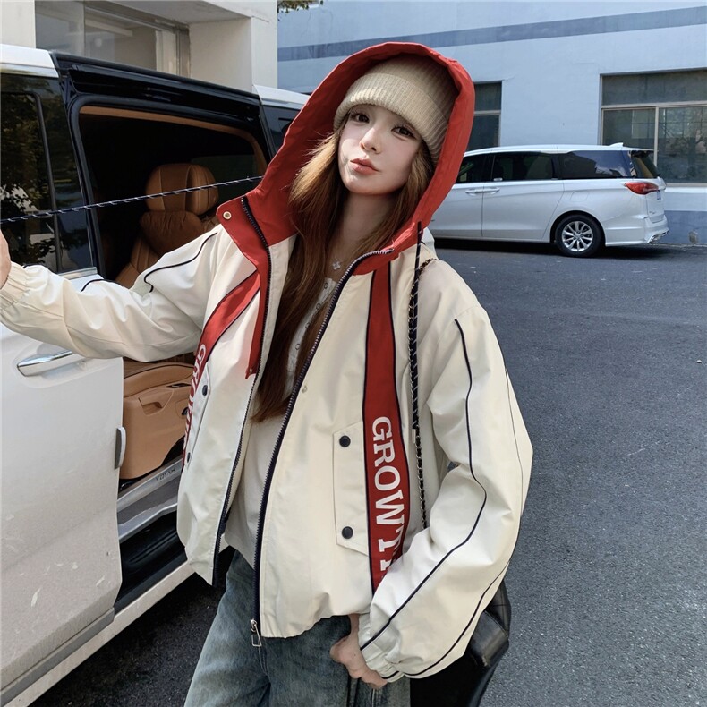 撞色拼接连帽加绒派克服女冬宽松加厚保暖短款上衣,女装短外套,2C266
