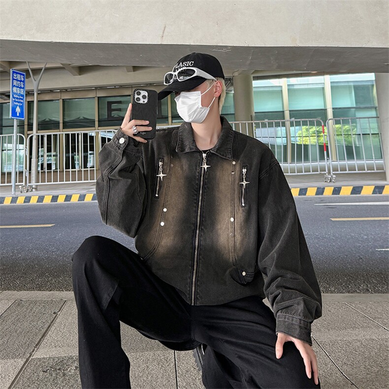 拉链设计感外套男款美式复古vibe牛仔夹克春秋季宽松潮牌工装上衣,男装夹克,星座410-6（原星座1304-1）