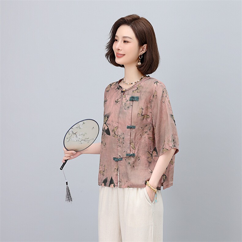 中式复古盘扣苎麻印花衬衫女2025夏季新款高端麻料花色上衣小衫,女装衬衫,凝聚力