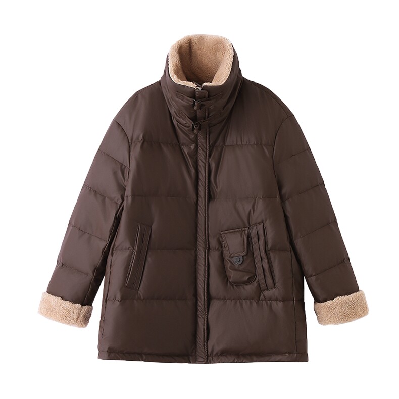 免洗PU皮羽绒服女中长款2026冬新款羊羔毛拼接翻领保暖白鸭绒外套,女装羽绒服,沐七七