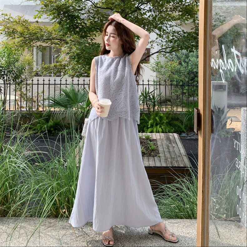 高级感蕾丝拼接背心套装女2025夏季新款显瘦无袖上衣半身裙两件套,女装套装/套裙,2C211