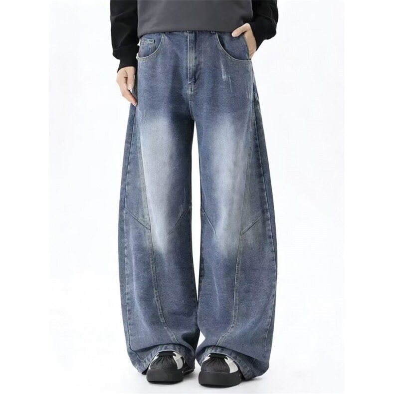 美式复古水洗弯刀牛仔裤男春秋季潮牌宽松阔腿长裤N03173-P55，男装牛仔裤，星座308B-2