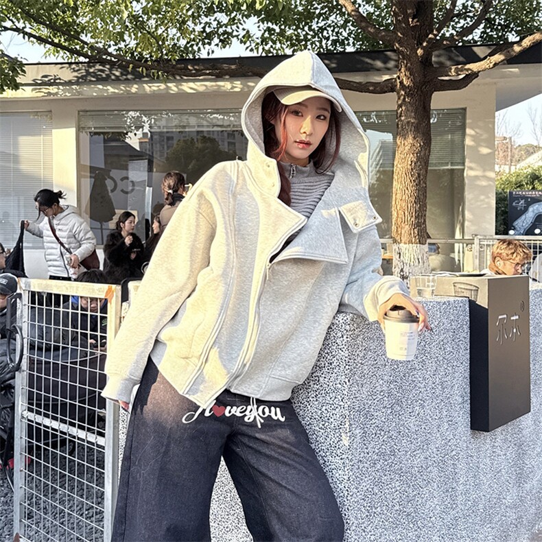 抖音得物品质26春装美式重磅结构斜拉链高领连帽卫衣开衫外套W61,女装短外套,电商A486