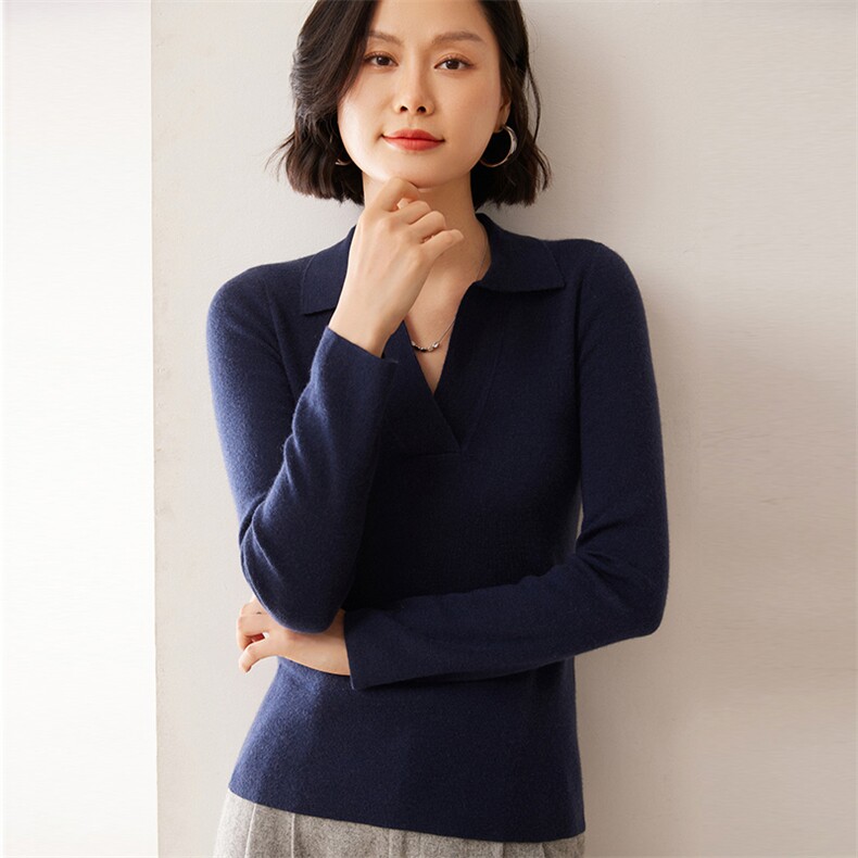 2025秋冬新款35%山羊绒女士16针68支精纺半开POLO领羊绒衫图片