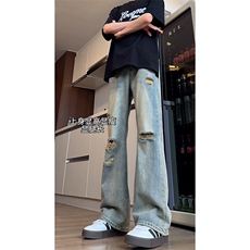 B221美式ins高街暗黑小众微喇破洞牛仔裤LK24180-P60控78，男装牛仔裤，电商B221