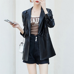 皮衣女2023年新款春秋款修身休闲西装外套收腰pu中长款西服皮夹克图片