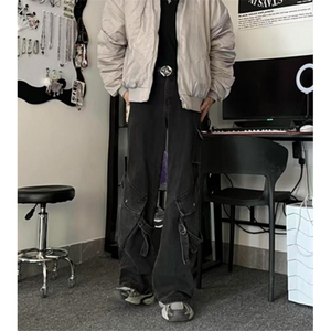 设计感工装牛仔裤男女秋冬新款复古高腰直筒宽松垂感阔腿裤NK961
