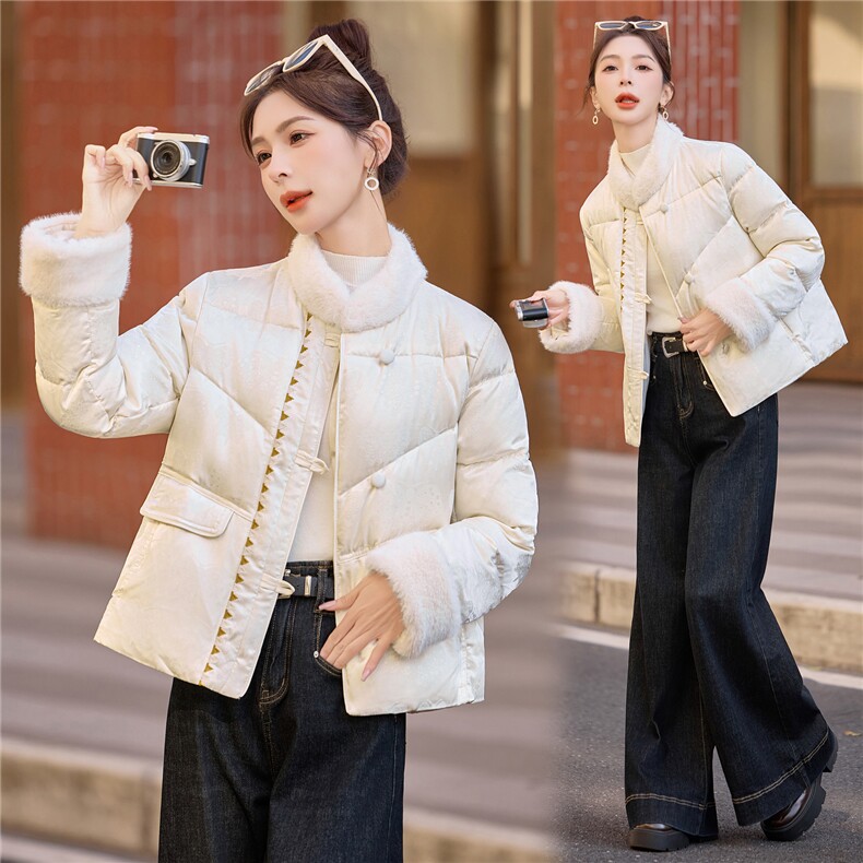 现货2025冬装新款风羽绒服时尚古典中式外套保暖女人味提花百搭,女装羽绒服,唯婧