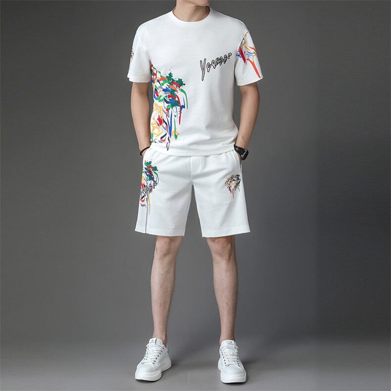 夏季男式短袖短裤透气两件套运动休闲圆领修身t恤套装，男装休闲套装，电商B360
