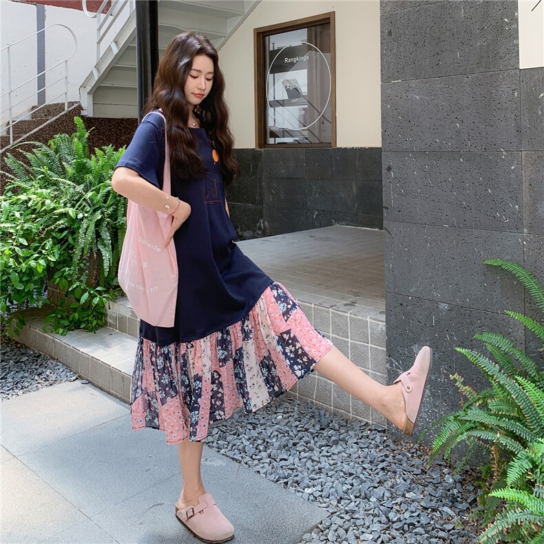 休闲卡通碎花拼接T恤连衣裙女夏季2025新款特别漂亮今年流行裙子,女装连衣裙,2C305