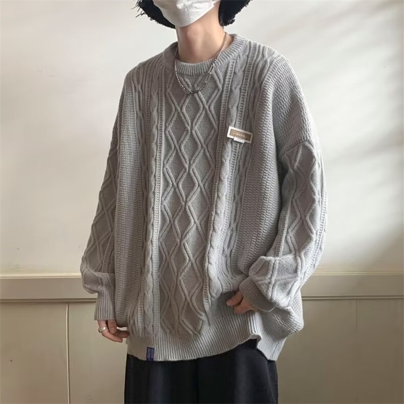 797-P48 休闲宽松长袖毛衣男士春秋季新款潮牌翻领情侣提花百搭图片