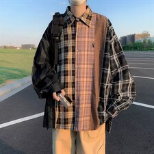 拼接格子衬衫男美式复古设计感宽松不规则撞色衬衣外套W3561-P45，男装衬衫，星座512-2