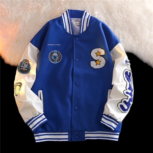欧美嘻哈皮拼接棒球服外套男潮牌街头毛呢拼皮夹克X846P40图片
