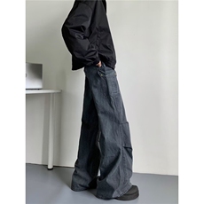 美式复古深灰色工装裤男秋季水洗做旧褶皱直筒高街微喇休闲长裤子，男装工装外套，星座813-3