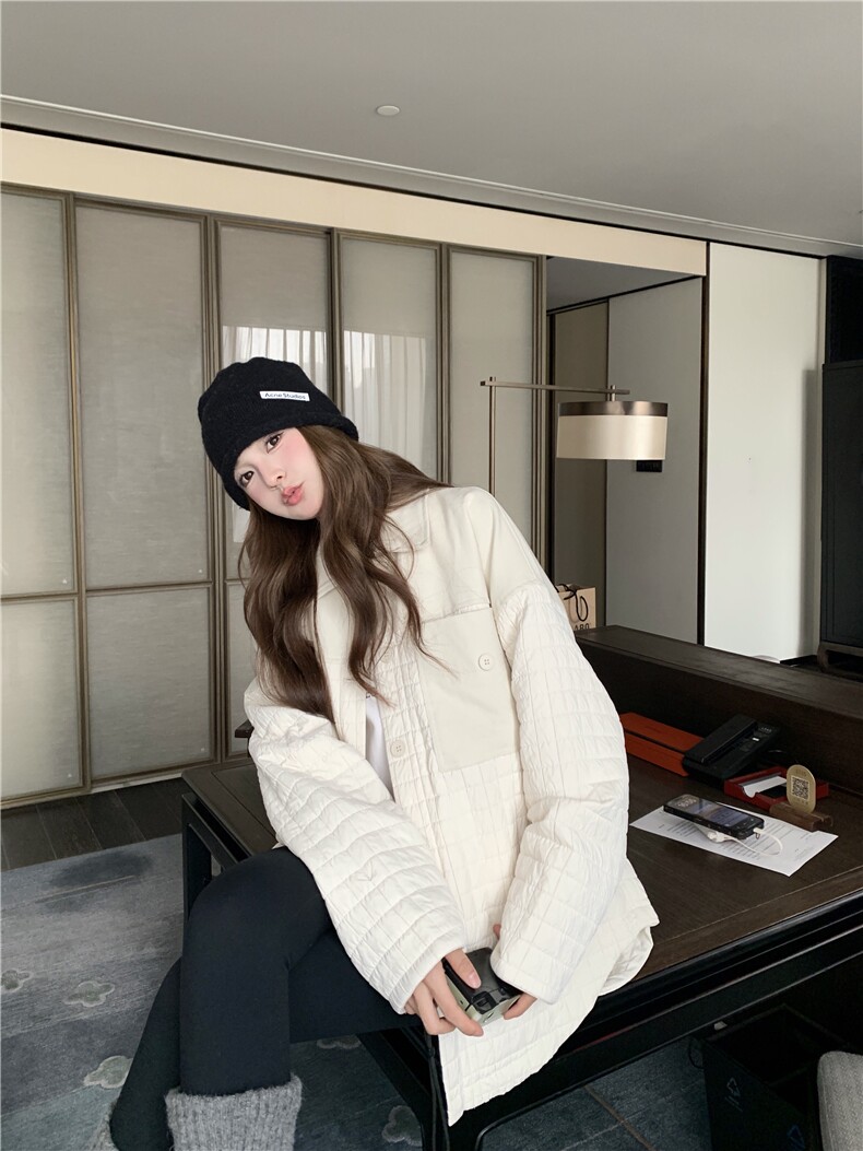 极简奶油风时尚棉服女2025秋季新款宽松圆领排扣短外套高级感气质,女装棉衣/棉服,2D034
