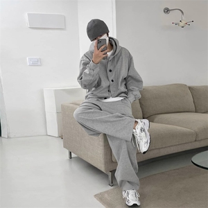 套装灰色连帽衫外套男排扣开衫卫衣cleanfit小众上衣W6804-P88图片