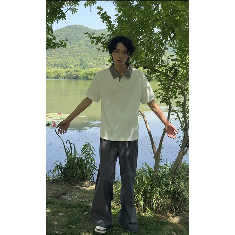 得物抖音高品质二开夏季美式潮牌假两件格子衬衫翻领高街短袖T恤,男装T恤,电商A486