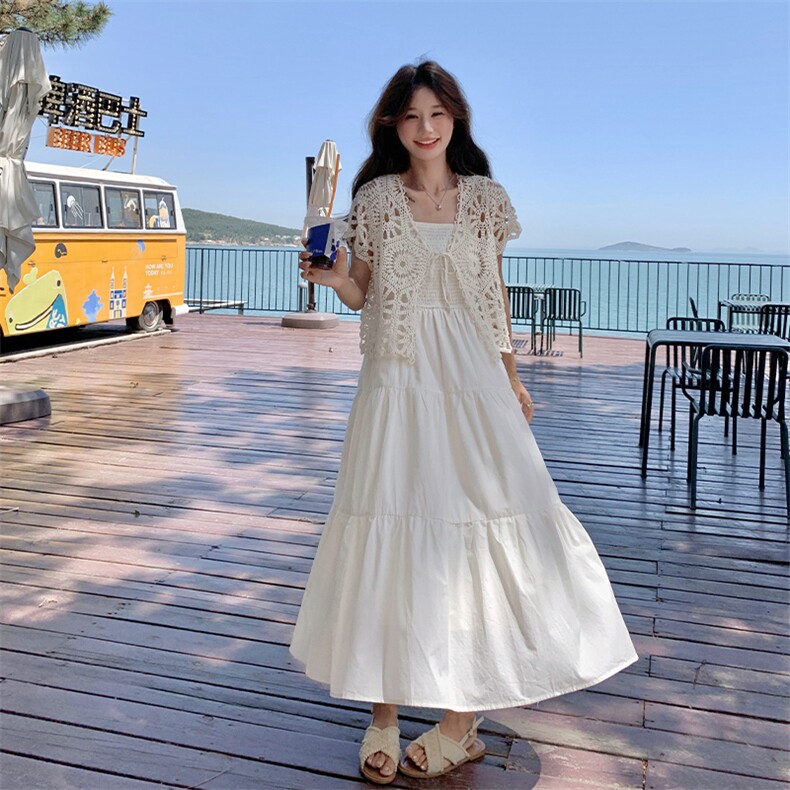 清纯系松弛感穿搭镂空开衫配吊带连衣裙2025夏超好看小白长裙,女装连衣裙,2C269
