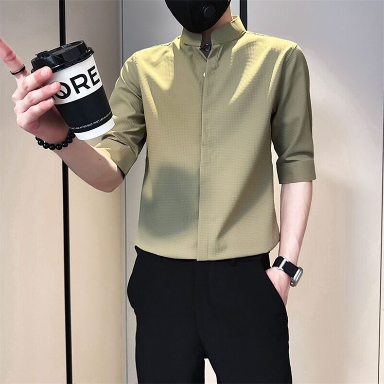 夏季冰丝短袖衬衫男垂感立领寸衫休闲痞帅2026新款五分袖白色图片