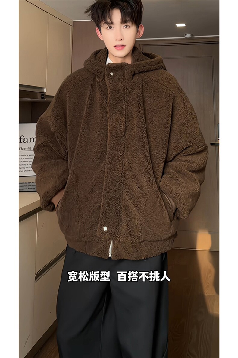 纯色情侣款冬季加绒加厚连帽棉袄羊羔绒保暖外套HY676TP98,男装棉衣,电商A102B