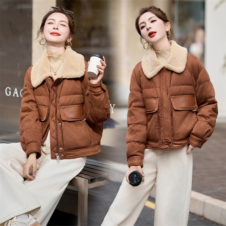 短款羽绒服女女2024冬季新款小个子独特超好看拼皮羊羔毛翻领外套,女装羽绒服,采品优优