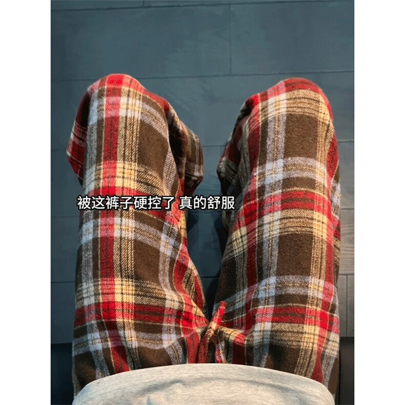 美式复古红色格纹毛呢裤子男款秋冬直筒裤宽松休闲裤WLCK133-P43,男装休闲裤,星座1008