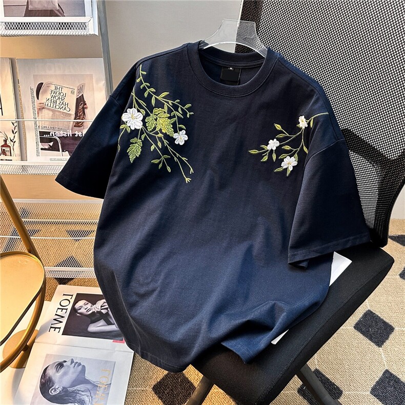 重工街头新中式花卉刺绣廓形短袖T恤男女潮百搭圆领夏装上衣服图片