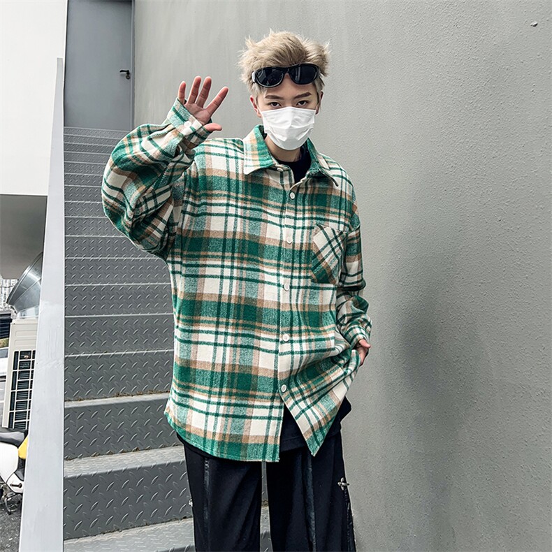 春季格子衬衫男生外套宽松青少年韩版潮流痞帅长袖衬衣上衣,男装衬衫,星座410-7