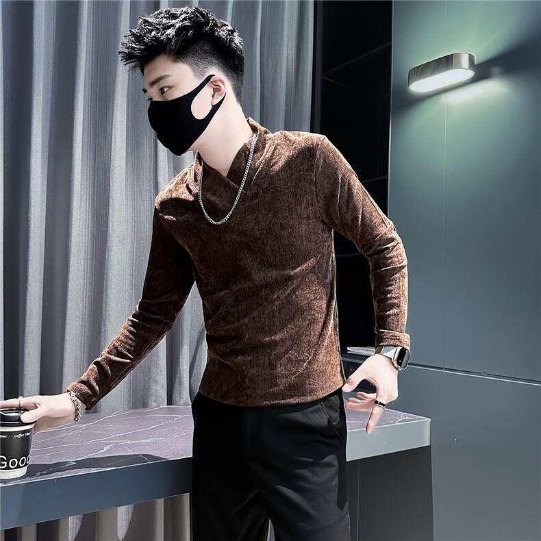 痞帅修身纯色简约v领长袖体恤社会小伙店主风301C-CT08-P58控78图片