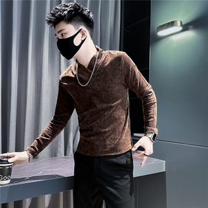 痞帅修身纯色简约v领长袖体恤社会小伙店主风301C-CT08-P58控78图片