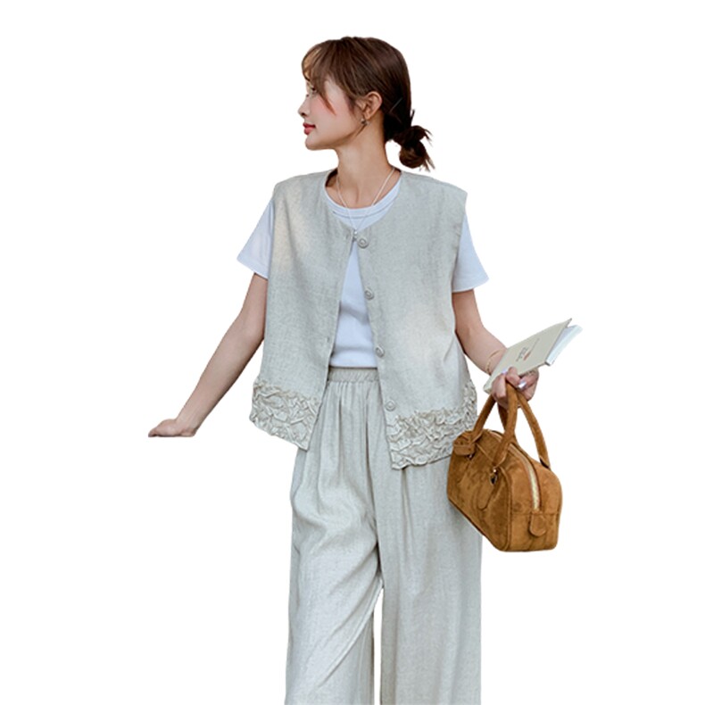棉麻马甲阔腿裤套装女夏2025新款超火大方得体穿搭又酷又飒两件套,女装套装/套裙,2C015