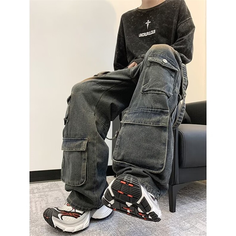多口袋牛仔裤男女阔腿韩版潮流高街帅2024秋冬ins长裤RK2233-P70,男装牛仔裤,星座412-2