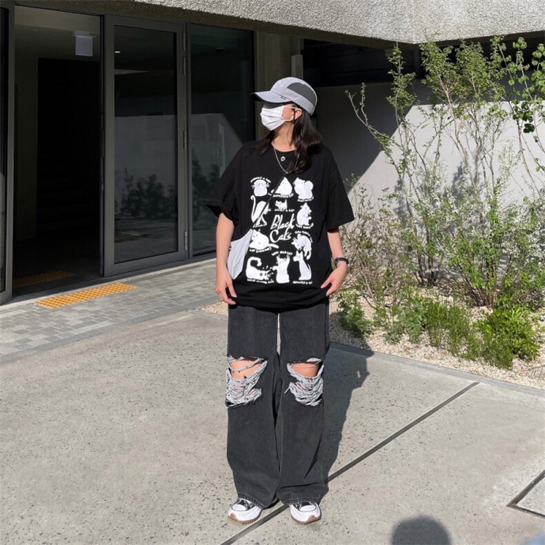 816B-T1039-P40情侣！猫咪t恤纯棉宽松ins韩慵懒男女,男装T恤,星座816B