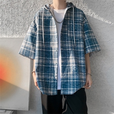 CS6016-特P30控58夏季美式复古格子连帽短袖衬衫男女接头宽松，男装T恤，电商A058-1（原电商C417）