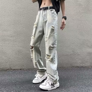 破洞水洗牛仔裤男款美式高街潮牌修身直筒裤子夏季薄款A7064-P42图片