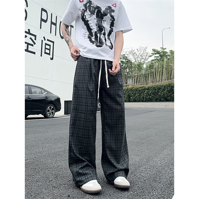 XK468-P35灰色格子裤男夏季薄款慵懒松弛感美式休闲阔腿直筒裤,男装休闲裤,电商A178