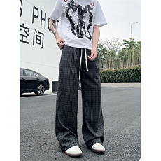 XK468-P35灰色格子裤男夏季薄款慵懒松弛感美式休闲阔腿直筒裤，男装休闲裤，电商A178