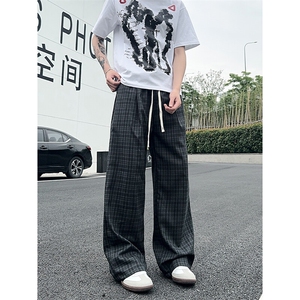 XK468-P35灰色格子裤男夏季薄款慵懒松弛感美式休闲阔腿直筒裤图片