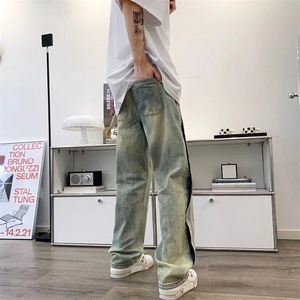 美式复古做旧牛仔裤男女潮牌高街ins宽松直筒阔腿长裤7241-p45