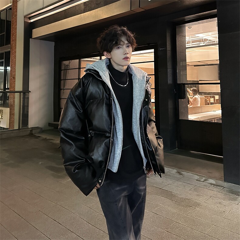 405A  美式高街个性连帽设计假两件pu皮棉服   MY24920-P158控188图片