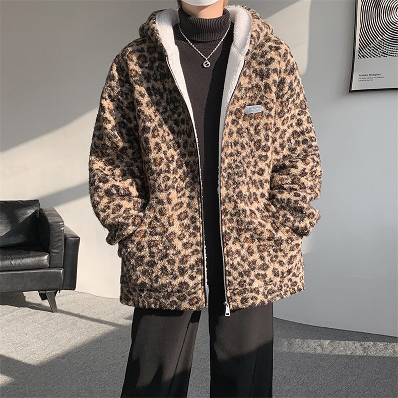 豹纹羊羔毛拉链设计连帽保暖休闲棉衣A071-5014-P118,男装棉衣,电商A071