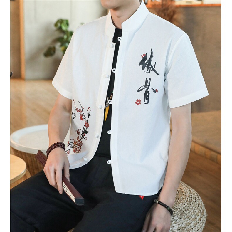 新中式盘扣短袖衬衫男五分袖唐装印花棉麻中山装A056-C141P33,男装T恤,电商A056