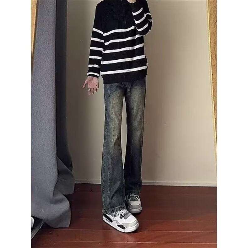 数据款现货新款美式拼接微喇牛仔裤男情侣直筒弯刀裤L8044-P48，男装牛仔裤，星座1008-1